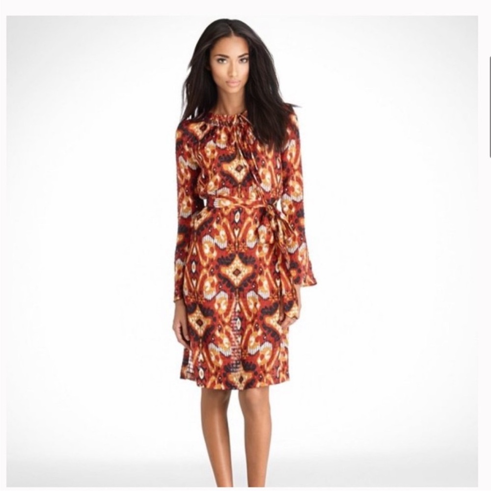 Tory Burch Vibrant Silk Rust Red Terrero Long Sleeve Dress 6